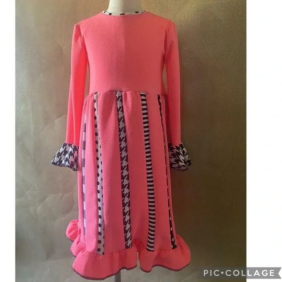Hot Pink, Black, & White Mixed Pattern Little Girls Scrappy Dress - Picture 2 of 5